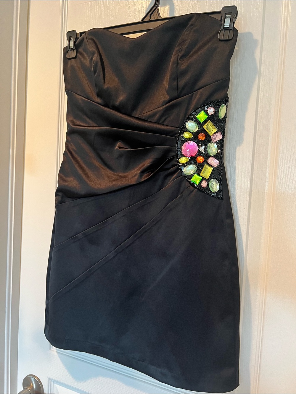 Black Strapless Cocktail Dress Colorful Jewel Embellishment Retro Y2K 80s Party